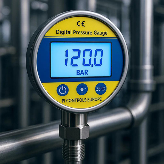 A PI Controls Europe Pressure Gauge reads 120.0 bar, featuring yellow and blue design. Attached to metal pipes, it’s ideal for heavy-duty use in oil & gas or as an industrial pressure gauge solution in Dubai.