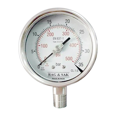 A round analog Pressure Gauge by PI Controls Europe shows psi and bar, with the needle at zero. Its face is labeled with the brand, has a stainless steel bezel, and is supplied by a UAE stainless steel pressure gauge supplier.